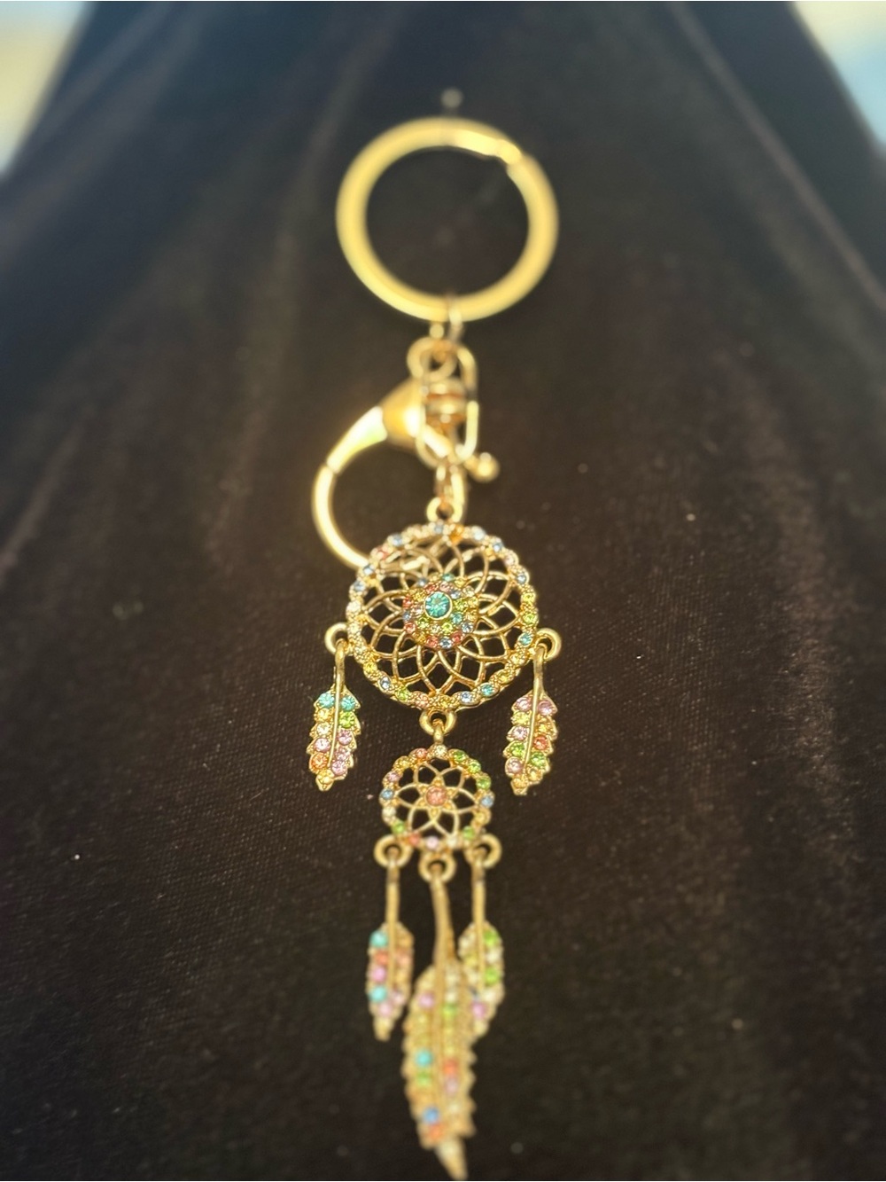 Gold-Tone Dreamcatcher Keychain/Purse bling with Multicolor Crystals